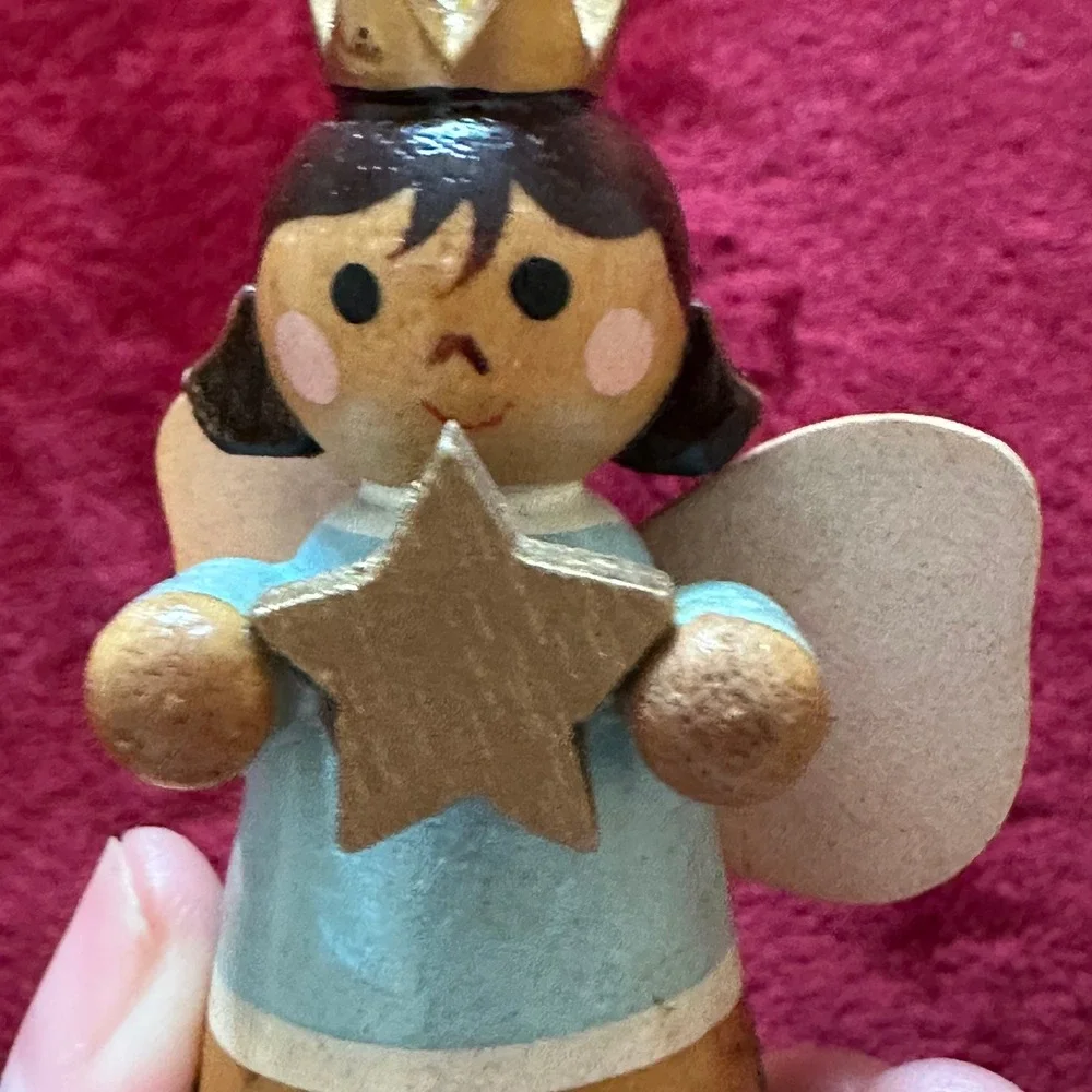 Vintage Wooden Angel Christmas Ornament Blue‎ Gold Star Crown Painted Folk Art